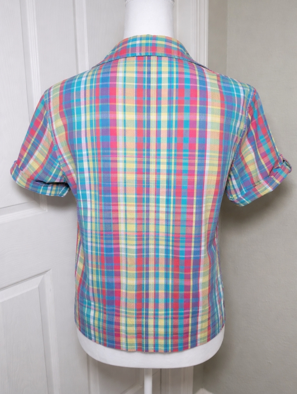 Erika Colorful Plaid Shirt Small Boxy Cotton Madras 90s Y2K Casual Preppy - Picture 4 of 5